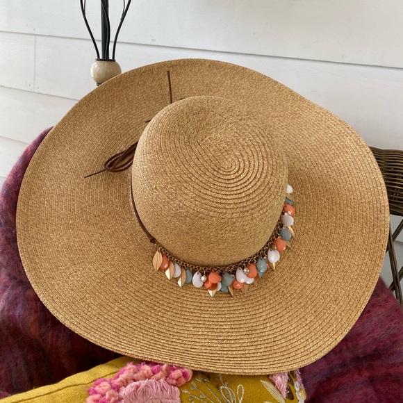 NWT Rare! Boho Boston Proper beaded, charms- woven tan floppy sun hat. - Picture 2 of 12